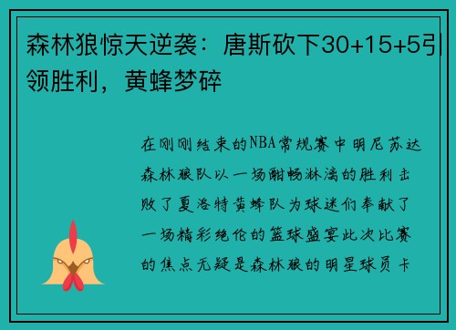 森林狼惊天逆袭：唐斯砍下30+15+5引领胜利，黄蜂梦碎