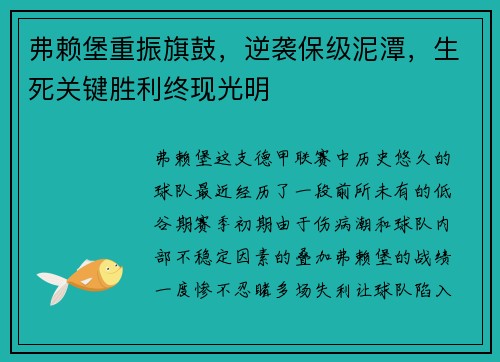 弗赖堡重振旗鼓，逆袭保级泥潭，生死关键胜利终现光明